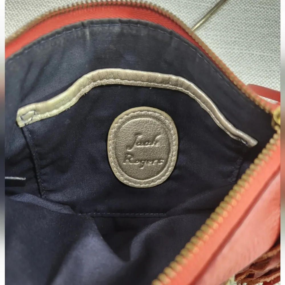 Jack Rogers Leather Small Crossbody Bag Tassel Metal Strap Deep Salmon Color